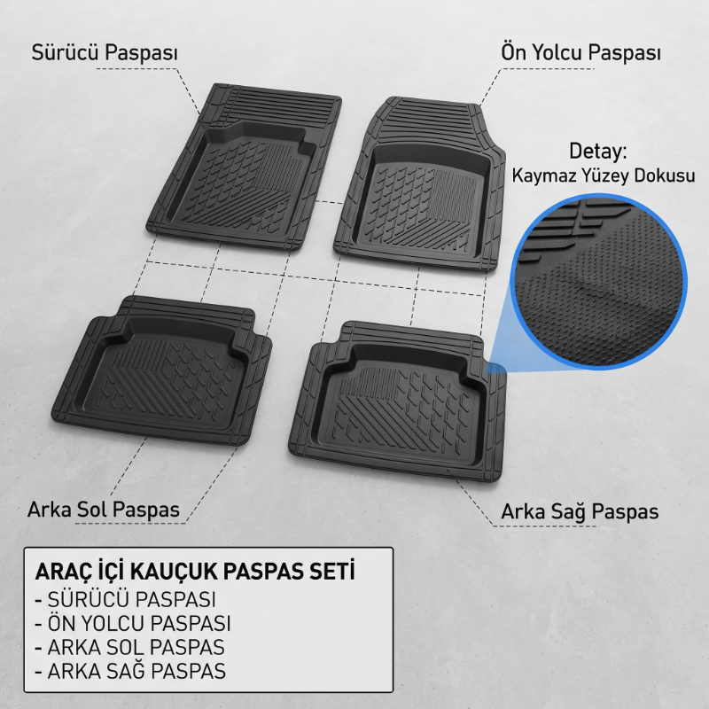 Araç İçi Paspas Seti - 4'lü Set - Karışık Desenler - Kauçuk - Kaymaz Yüzey - görsel 2